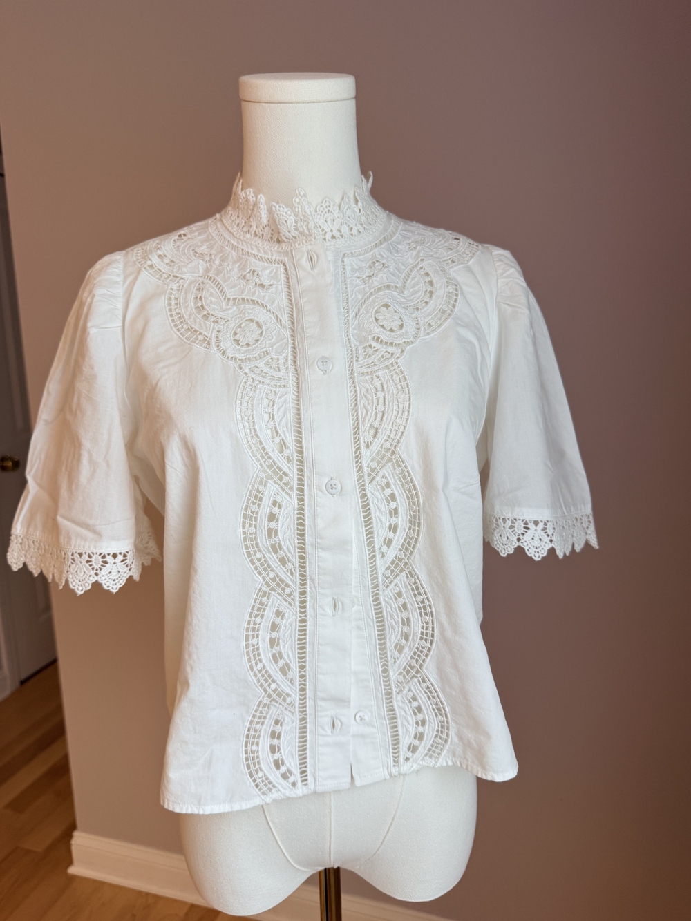 Sezane White Lace-Trim Button Front Blouse
